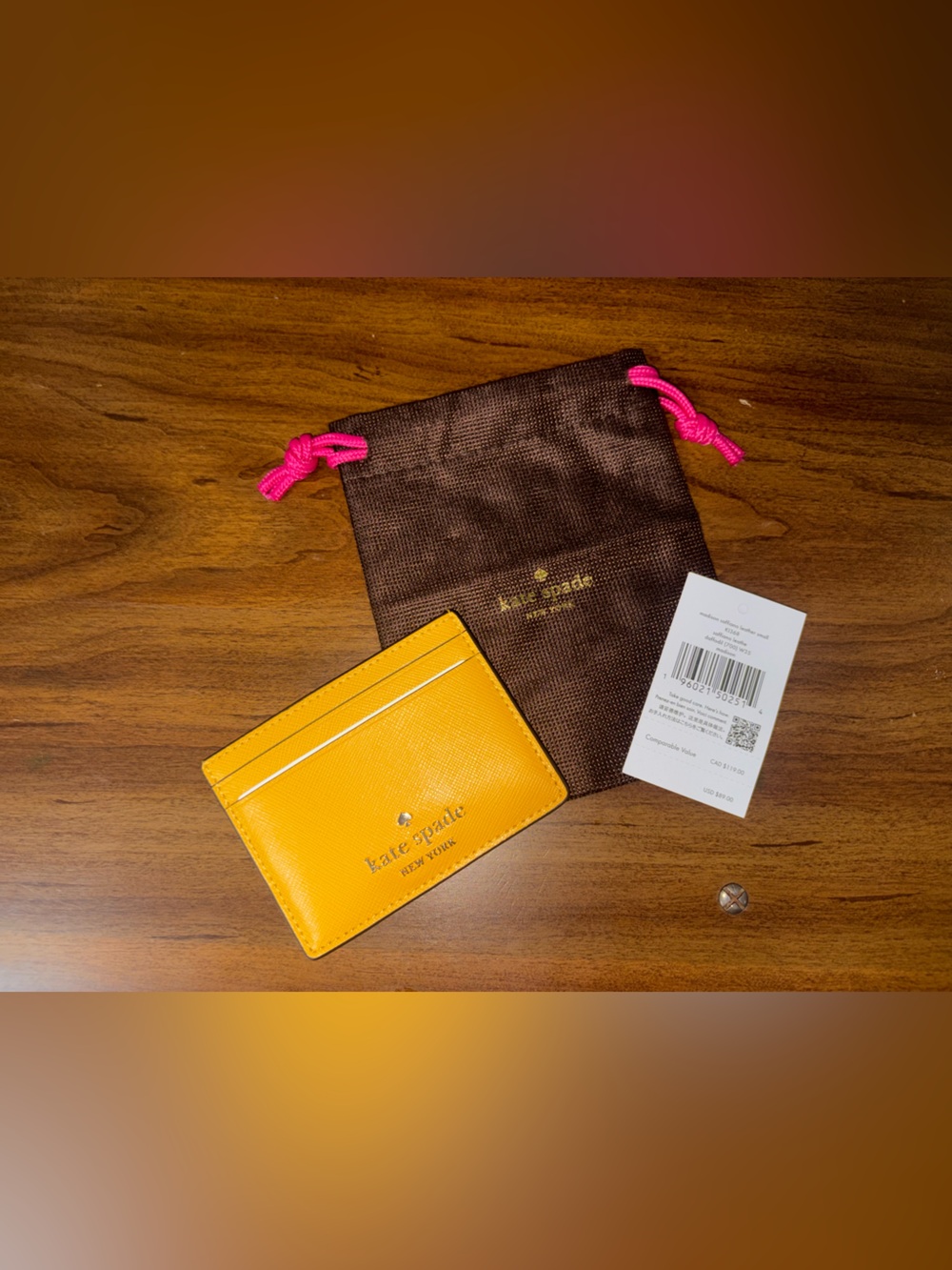Kate Spade Yellow Saffiano Card Holder With Gold Logo
